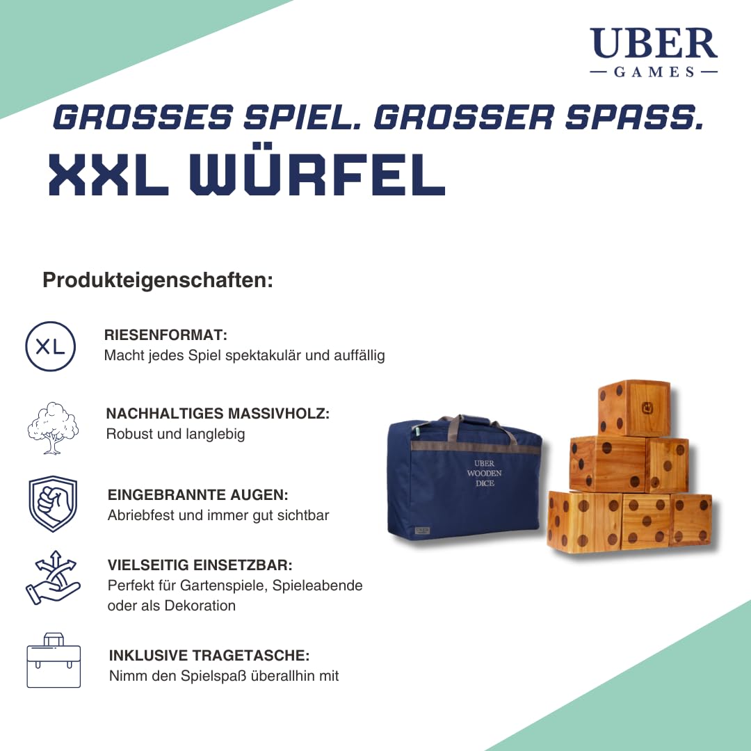 Drake XXL Holzwürfel-Set mit Tragetasche – 21 cm Große Würfel mit Eingebrannten Punkten – Outdoor Gartenspiel für Familie, Garten & Partys