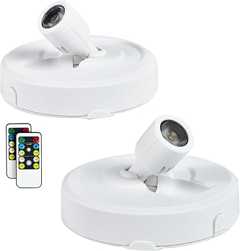 Paquete de 2 focos LED para interiores, funciona con pilas, luces LED con control remoto, focos inalámbricos, luces de disco regulables para