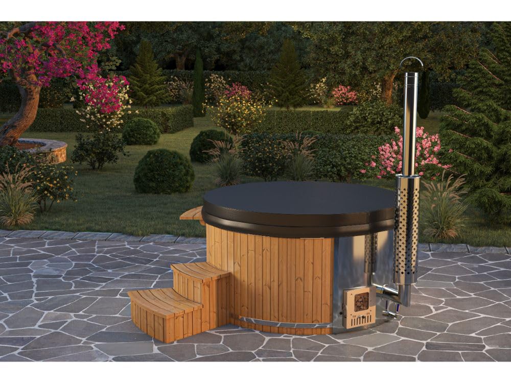 Holz Badefass Stockholm aus Thermoholz, Hot Tub Ø 180 cm, 8 Personen, inkl. Edelstahl-Ofen (30 kW), Minibar, Schwimmbecken, Badebottich, Badezuber