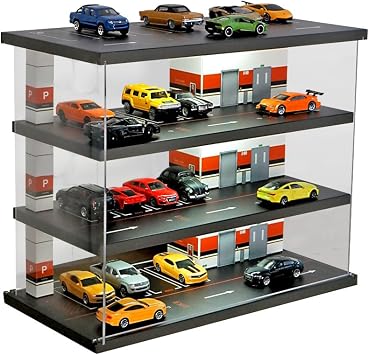1/64 Four Story Parking Lot Garage Model,Display Case Diecast Diorama Garage Miniature Scene Parking Lot PVC Assembly with Light Parking Space Model Display Frame Toy Display Box