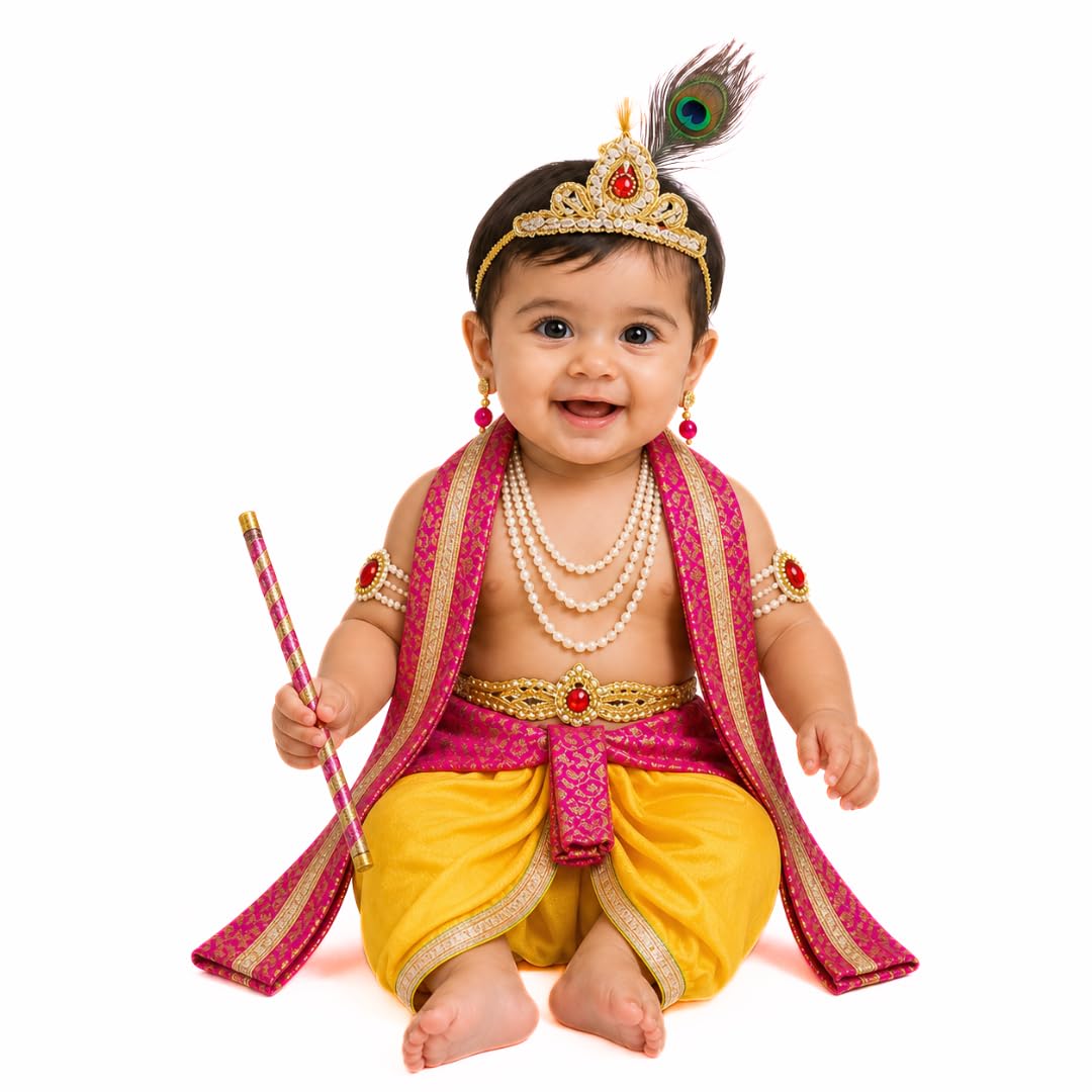 ITSMYCOSTUME Krishna Dress for Baby Boys & Girls | Little Krishna Costume Set with Dhoti, Mukut, Morpankh, Bansuri, Patka & Accessories | Janmashtami Fancy Dress for Kids (Yellow Pink)