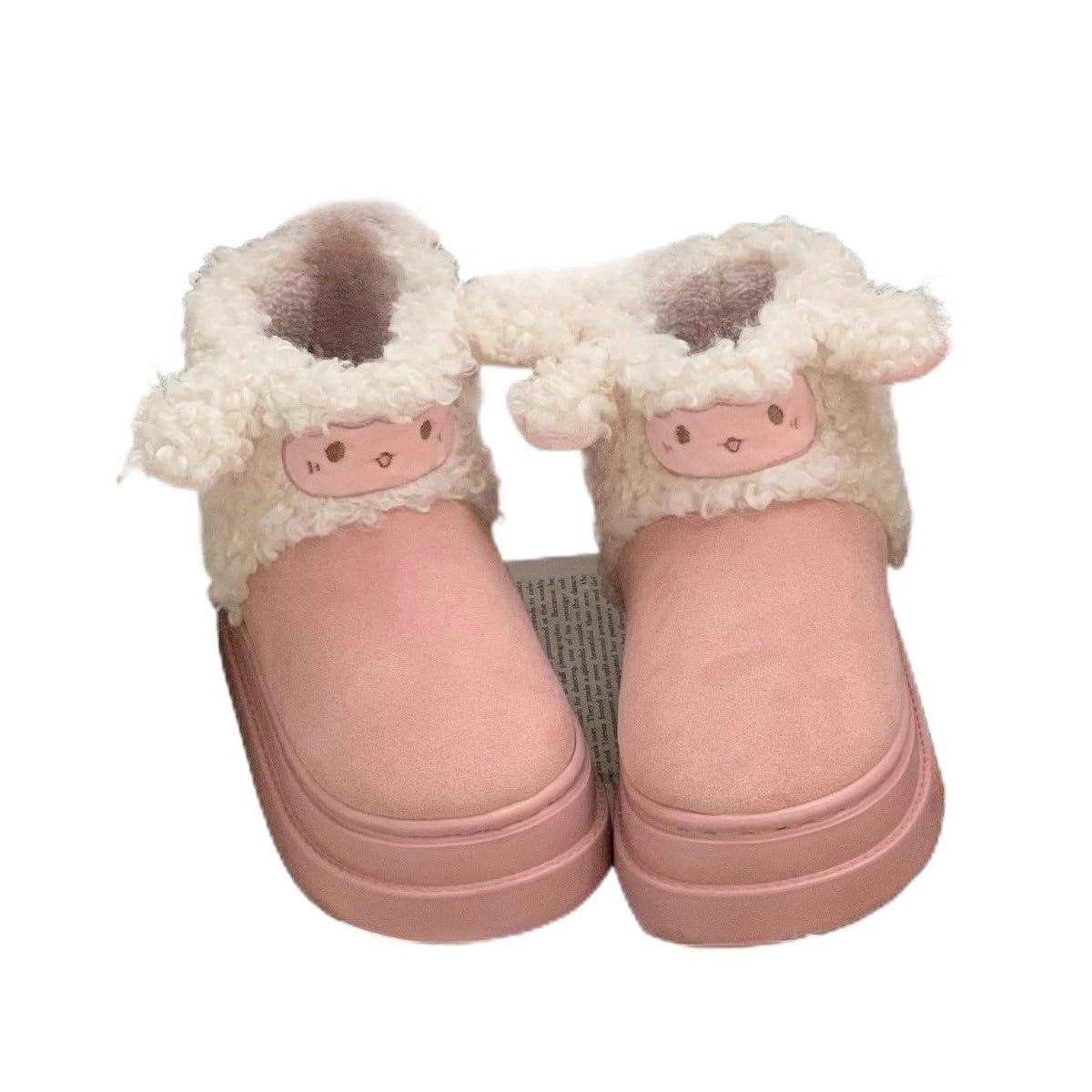 Womens Cute animals Fuzzy Pom-Pom Snow Boots Winter Waterproof Ankle Booties with Warm Plush Lining Non-Slip Sole