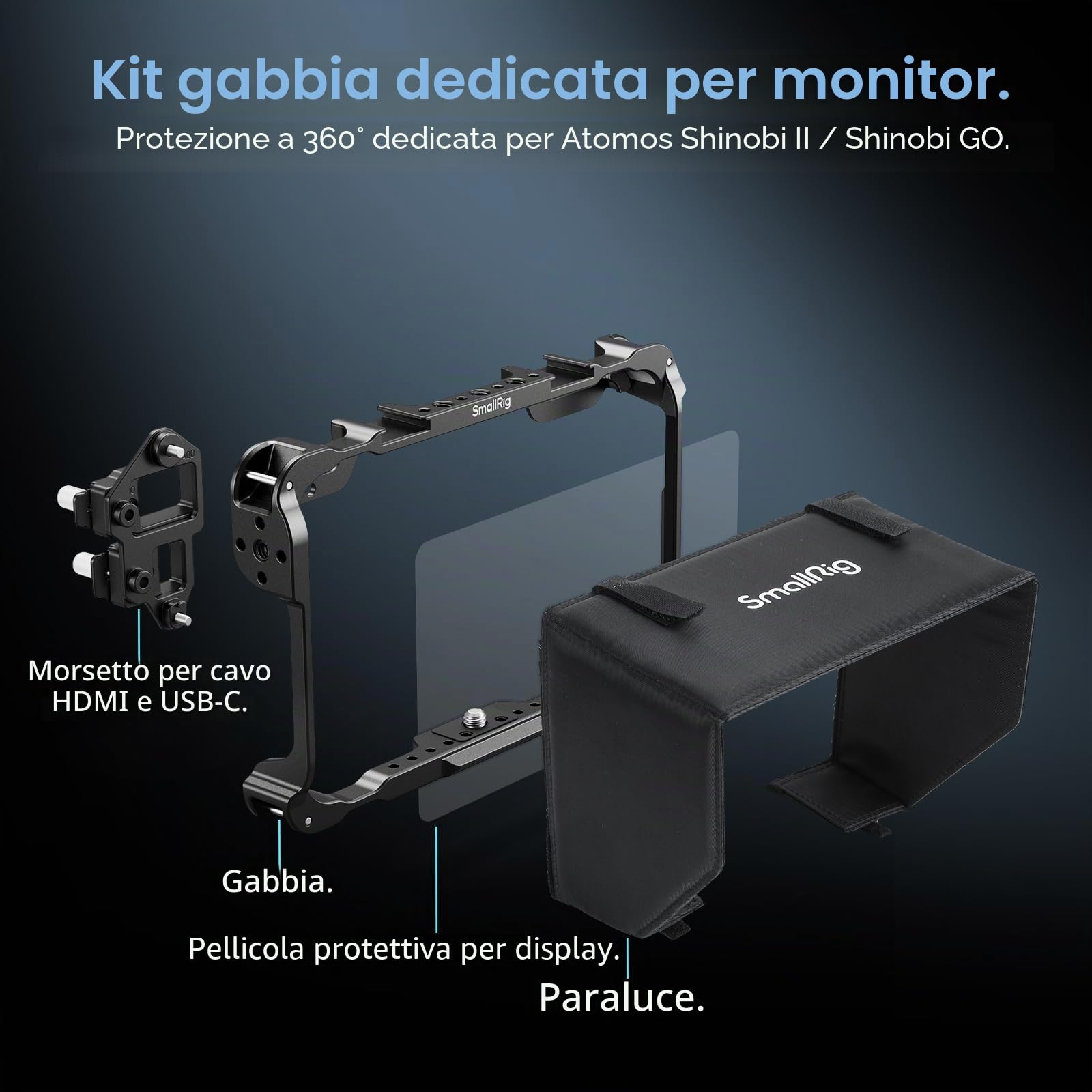 SMALLRIG Kit Gabbia per Monitor per Atomos Shinobi II, con Parasole, con Protezione per lo Schermo, Peso di Soli 96,3 g, con Fori Filettati da 1/4"-20-5030