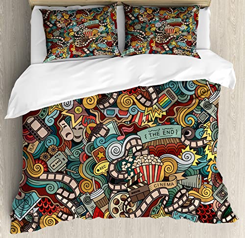 Ambesonne Hipster Duvet Cover Set, Cinema Items Combined in an Abstract Style Popcorn Movie Reel The End Theatre, Decorative 3 Piece Bedding Set with 2 Pillow Shams, Queen Size, Grey Black