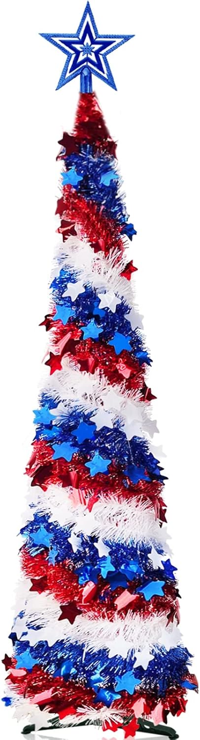 TURNMEON 5.3 Ft Red White Blue Tinsel Tree 4th of July Decoration, Pop up Pencil Tree Sequin Star Ornaments Patriotic Decoration Indoor Outdoor Home Party Supplies Independence Day Memorial Day