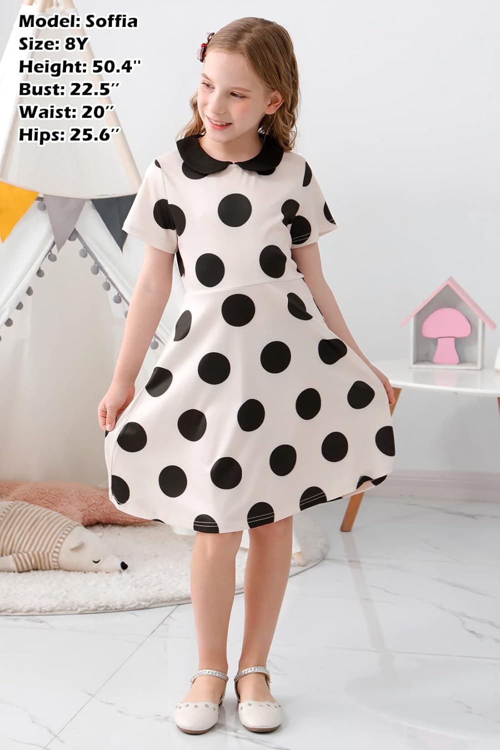 GORLYA Girl's Short Sleeve Casual Vintage Collar Fit and Flare Skater Party Dress with Pockets 4-12 Years - Image 4