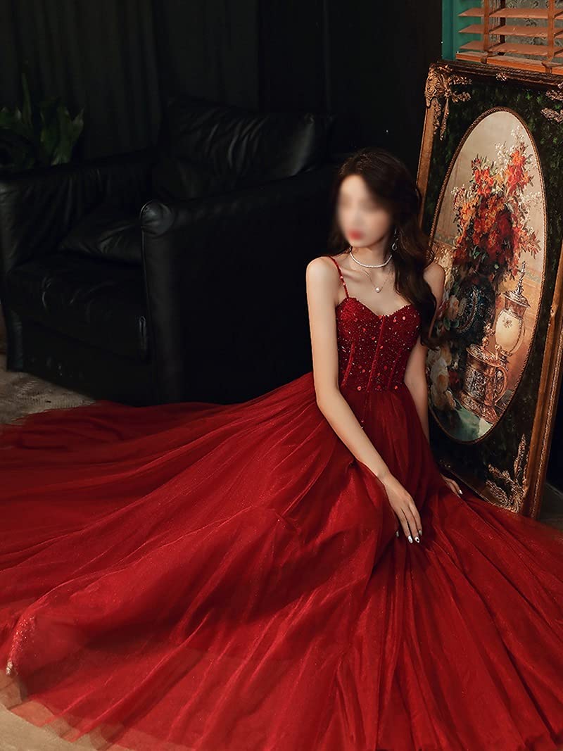 slim fit dress slacks A Line One Shoulder Tulle Long Burgundy Prom Dresses, Burgundy Formal Graduation Dress with Sequin Beading Custom Size / Burgundy main image 1