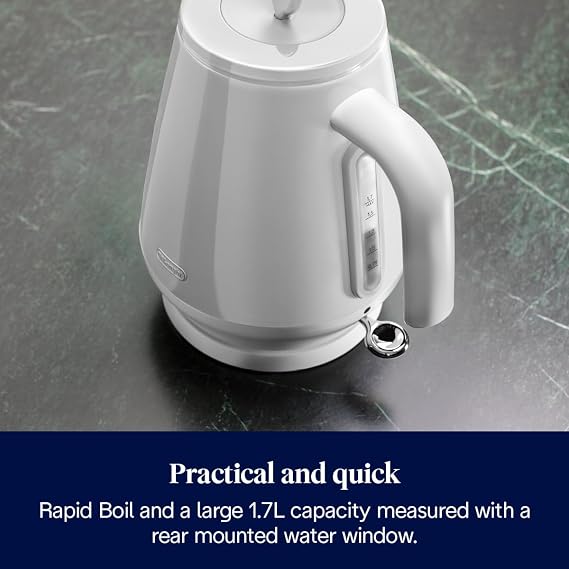 De'Longhi Eclettica BPA Free Metal Kettle KBY3001.W, Customisable Design Rapid Boil Electric Kettle, 1.7L Large Capacity, Anti Scale Filter, Swivel Base, Cord Storage, Stainless Steel, 3000W, White