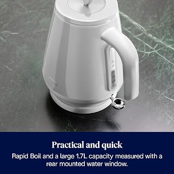 De'Longhi Eclettica BPA Free Metal Kettle KBY3001.W, Customisable Design Rapid Boil Electric Kettle, 1.7L Large Capacity, Anti Scale Filter, Swivel Base, Cord Storage, Stainless Steel, 3000W, White