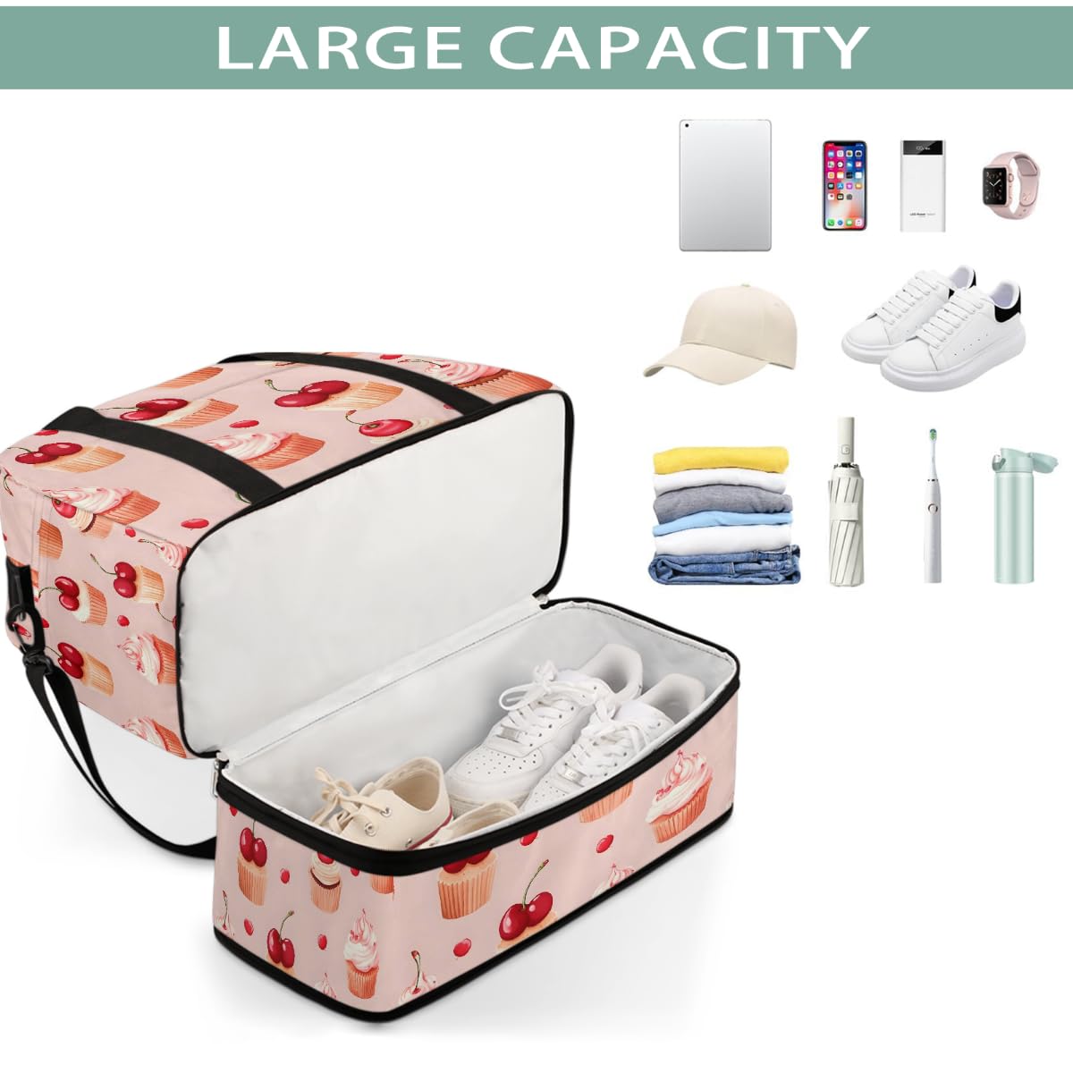 Borsone da viaggio pieghevole con motivo torta di ciliegie, borsa da palestra espandibile con scomparto per scarpe, borsa da weekend di grande capacità, borsa da viaggio per sport, viaggi notturni