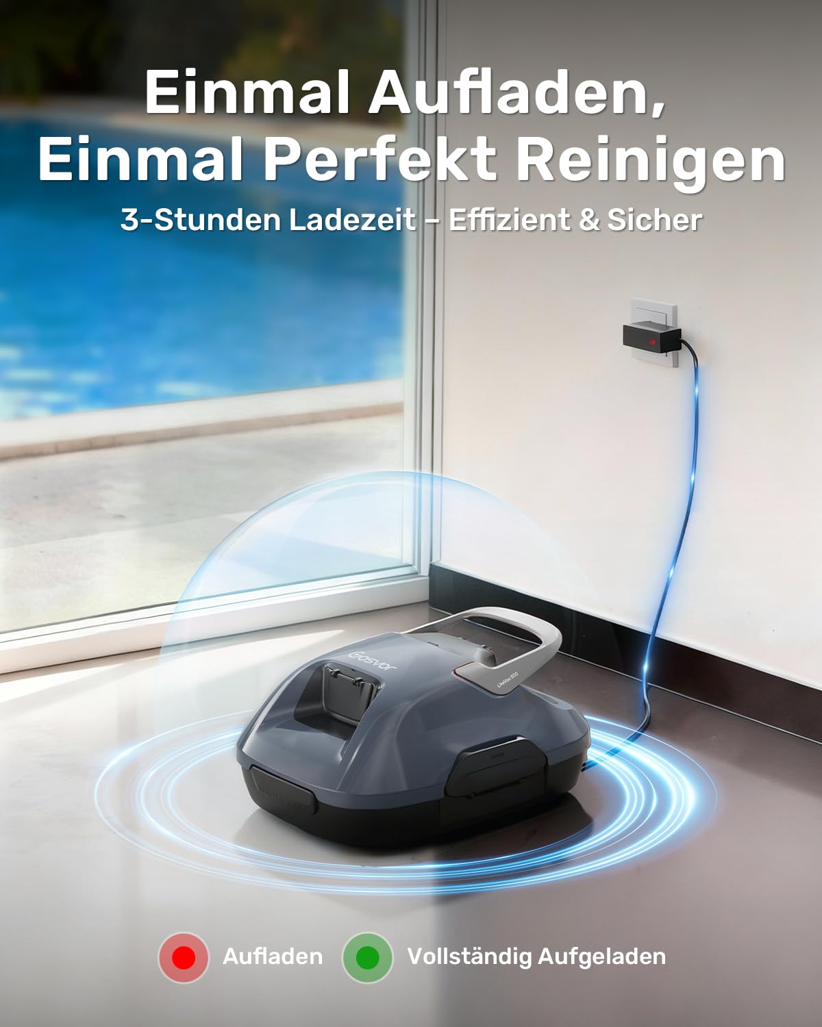 Gosvor Poolsauger Akku mit 90 Min Laufzeit, 3,4 kg Leichtgewicht Poolroboter, Einfach zu Bedienen, Selbstparkfunktion, 6600 LPH Starker Poolreiniger mit Doppelmotor, Ideal für Flache Boden bis 80 m²
