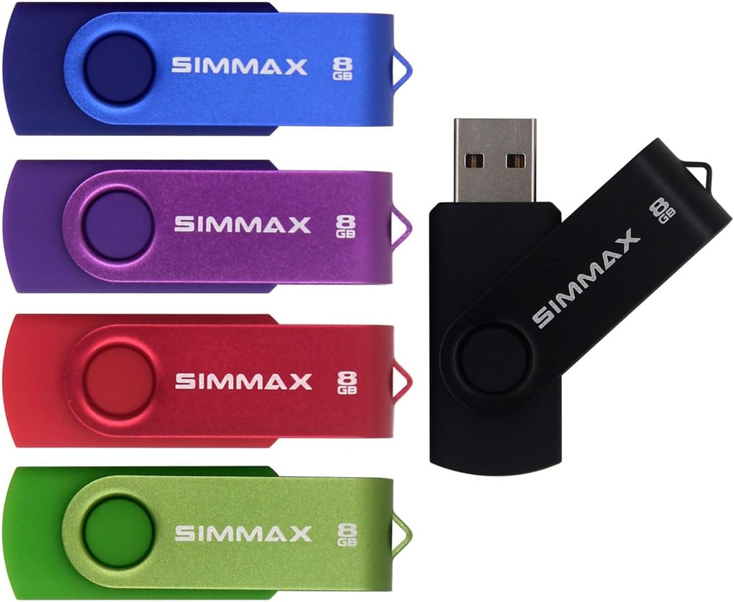 SIMMAX 5Pcs 8GB USB Flash Drive USB 2.0 Flash Drive Memory Stick Fold Storage Thumb Stick Pen Swivel Design(Five Mixed Colors: Black Blue Green Purple Red)(Mix Color1)