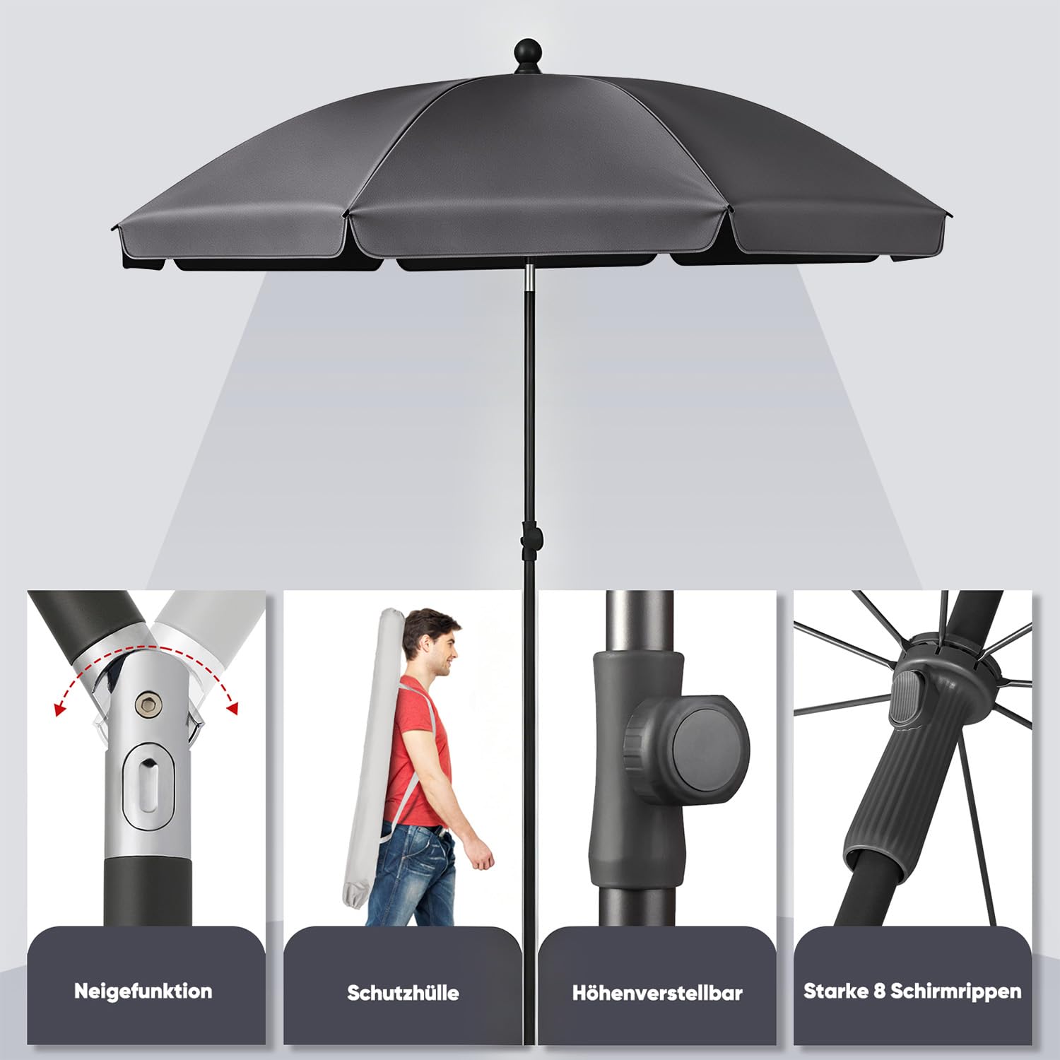 Sekey Sonnenschirm Balkon 200cm mit Schutzhülle Sonnenschirm Strand für Balkon Garten & Terrasse Neigungswinkel und Höhe verstellbar UV-Schutz bis UPF 50+ Sonnenschutz