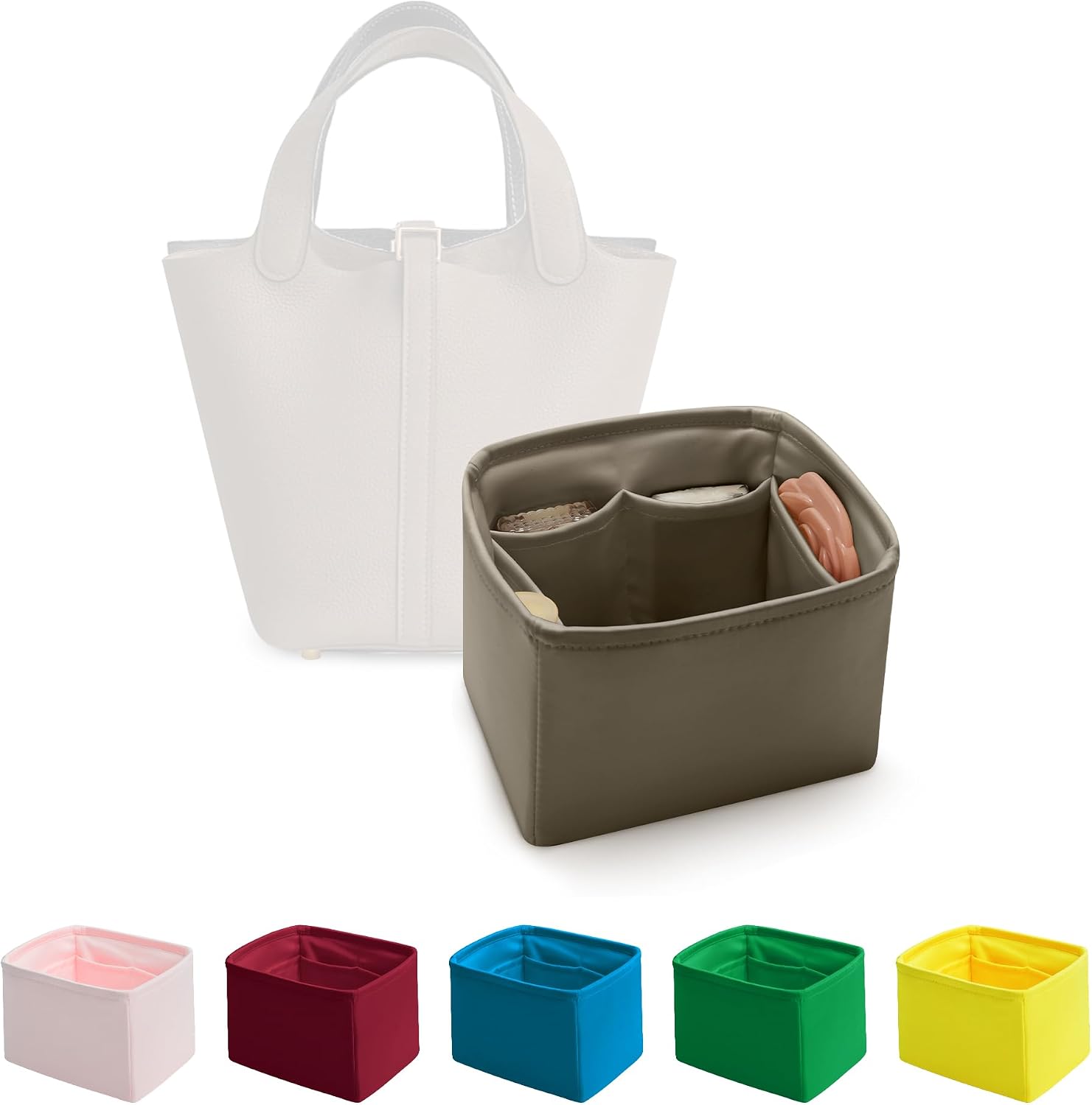 Purse Organizer Insert for Picotin 18/22, Satin Bag Organizer for Picotin Bags, Lightweight Purse Essentials for Women Luxury Handbags, Soft Touch Inner Liner with Multiple Pockets (Etoupe grey, PC22)