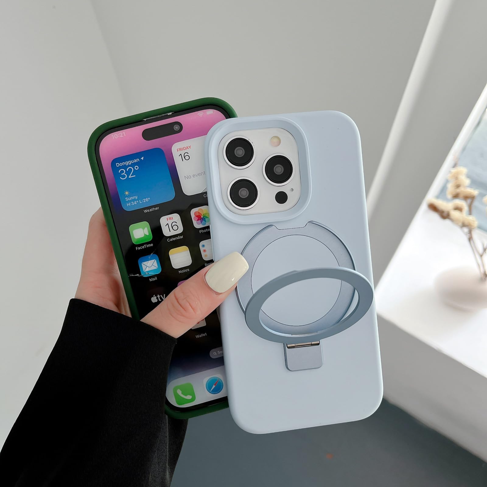 LXURY Custodia Silicone per iPhone 15 PRO Max/15 Pro/15 Plus/15, Magnetica Cavalletto 2 in 1 Caso con Lens Protezione Vera Silicone Liquido Copertura,Bianca,15 Plus''