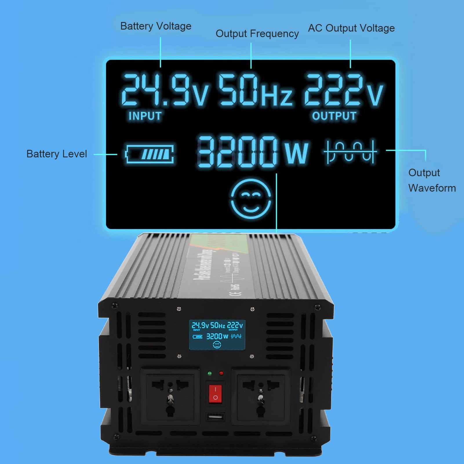Hyuduo Przetwornica Napięcia Czystej Fali Sinusoidalnej, Aluminiowy Przetwornica Napięcia DC 12 V na AC 3000 W z Zasilaczem UPS, Szczytowa Moc 6000 W, 2 Gniazda USB 15 A, ładowanie dla Samochodu