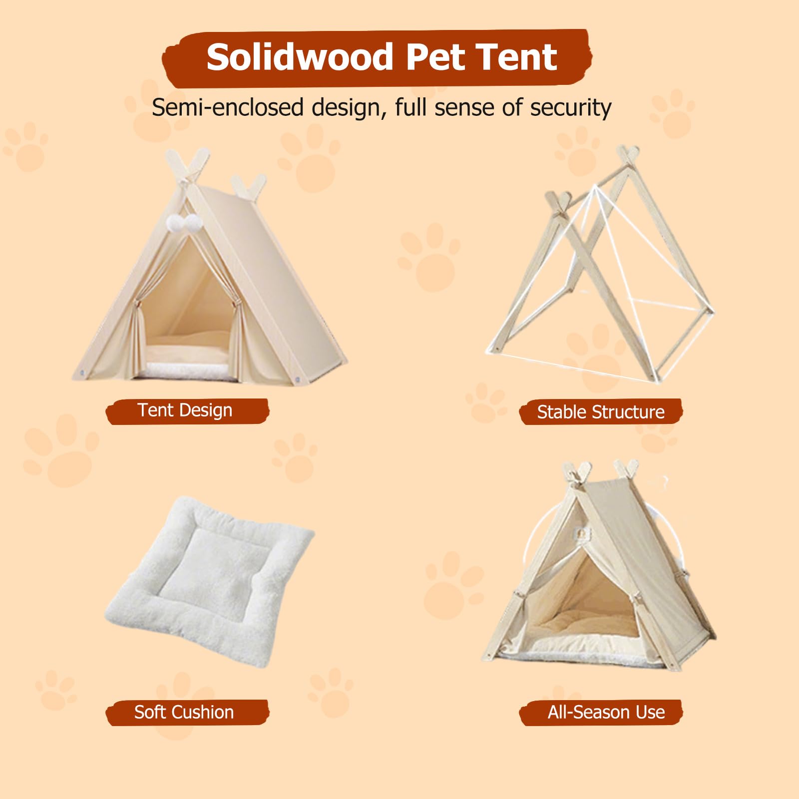 PETCUTE Haustier-Tipi Zelt für Katzen, Kätzchen und kleine Hunde, faltbares Hundezelt mit dreieckigem Holzrahmen und abnehmbarem, waschbarem Kissen, gemütlicher Katzenzelt für Indoor Outdoor,Beige