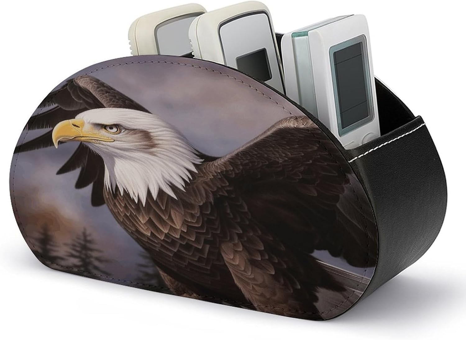 Bald Eagle Remote Control Holder Farmhouse TV Media Remote Storage Box with 5 Compartments PU Leather Remote Caddy Desktop Organizer for Home Bedside Table Organizer