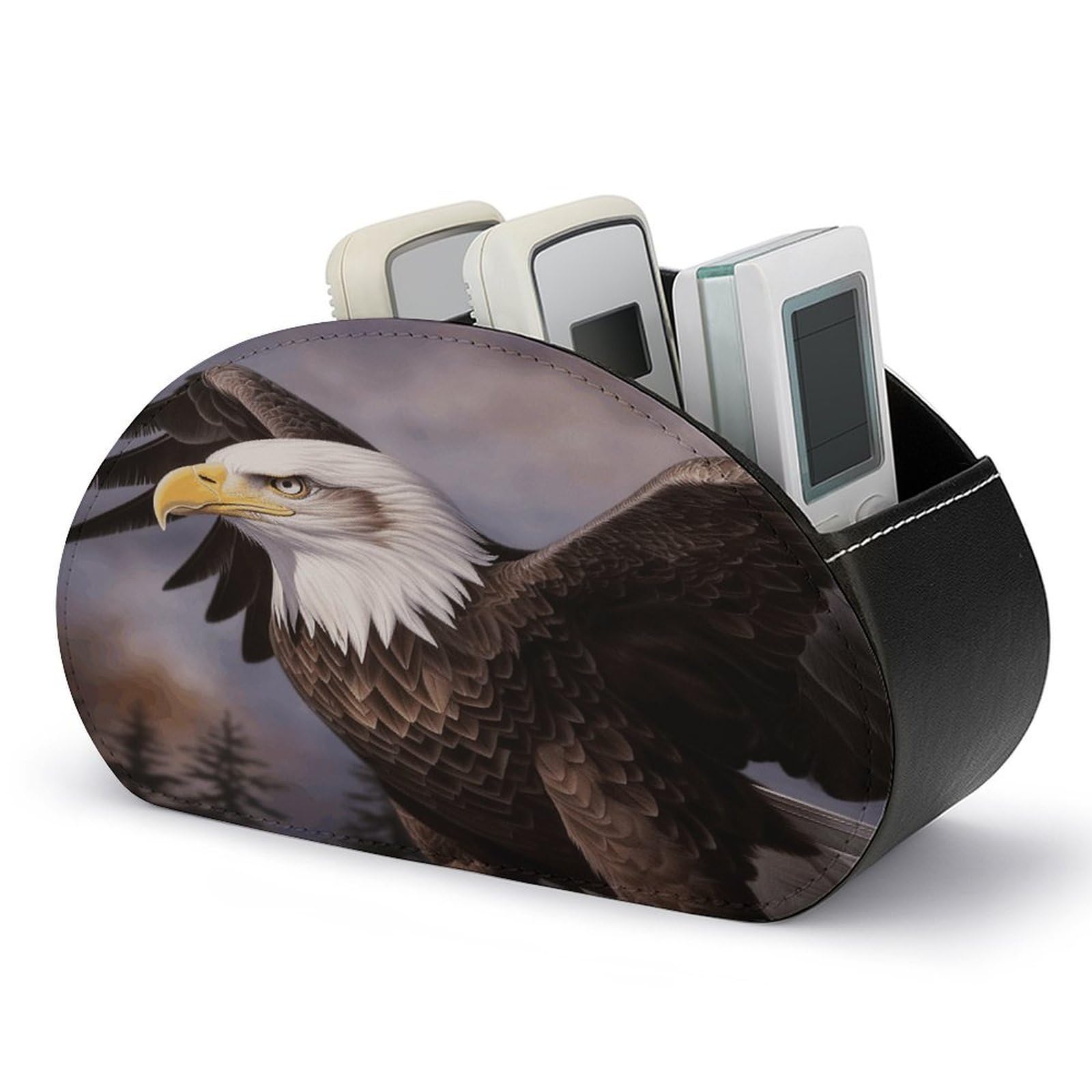 VstaDank Bald Eagle Remote Control Holder Farmhouse TV Media Remote Storage Box with 5 Compartments PU Leather Remote Caddy Desktop Organizer for Home Bedside Table Organizer
