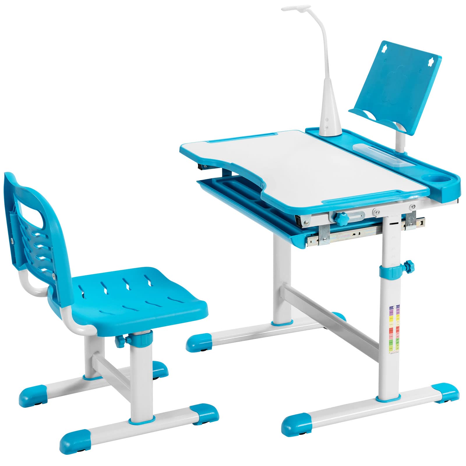 RELAX4LIFE Set Tavolo e Sedia per Bambini, Superficie di Lavagna Inclinabile con Ripiano Organizer Scorrevole, Scrivania con Lampada a LED e Leggio Regolabili, Scrivania e Sedia Multiattività (Blue)