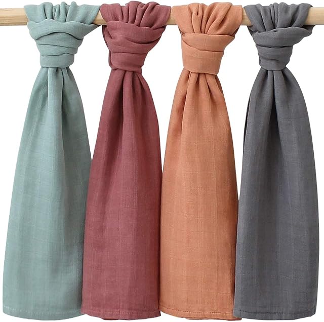 LifeTree Baby Muslin Cloths, 4 Pack Bamboo Cotton Solid Muslin Cloths, Soft Muslin Squares for Baby Girls or Boys 60x60cm
