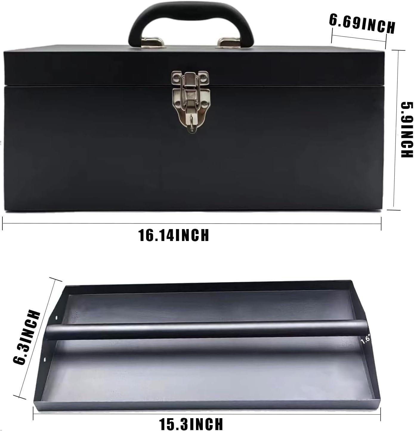 16" Portable Metal Toolbox Large Tool Box 18-Gauge Fishing Tackle Box Tool Box Drawer Organizer Steel Toolbox With Metal Latch and Handle Black