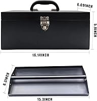 Vista 7 de 16" Portable Metal Toolbox Large Tool Box 18-Gauge Fishing Tackle Box Tool Box Drawer Organizer Steel Toolbox With Metal Latch and Handle Black