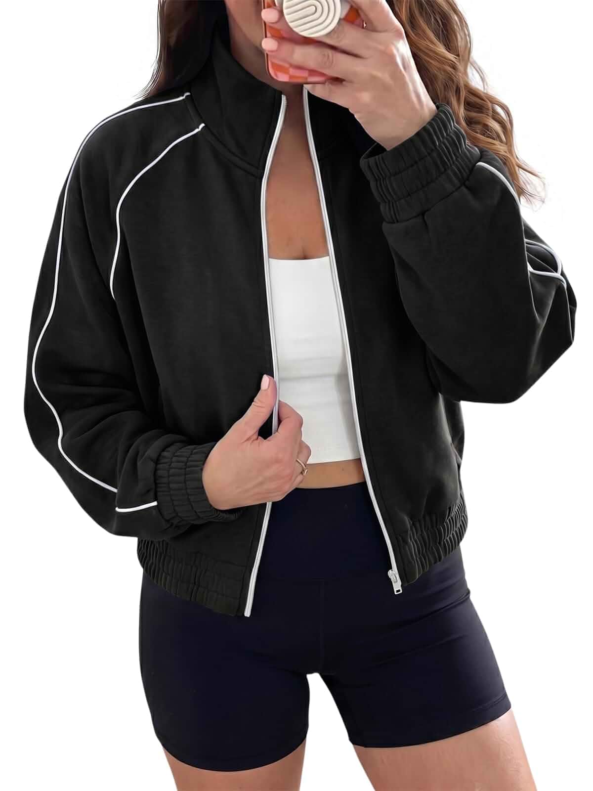 Aoysky Women Track Jackets Full Zip Stand Collar Lightweight Workout Jacket Long sleeve casual athletic sweatshirt with pockets, elastic hem, turtleneck, trendy, cropped fall spring wear