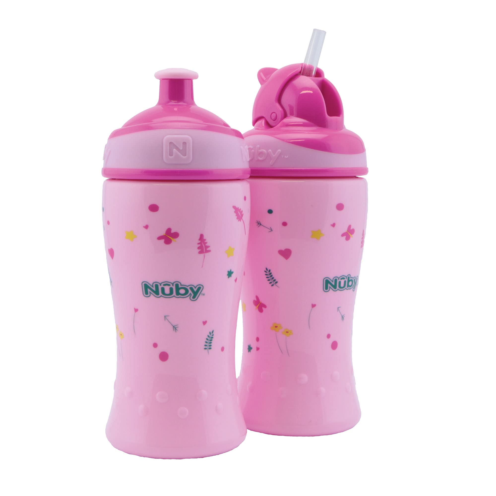 Nuby - 2er Pack auslaufsichere Trinkflaschen - Flip-it Trinkhalmflasche 360ml + Pop-up Trinkflasche Trinklernbecher für Kinder - BPA-FREI - Rosa - Trinkbecher 12+ Monate & 18+ Monate
