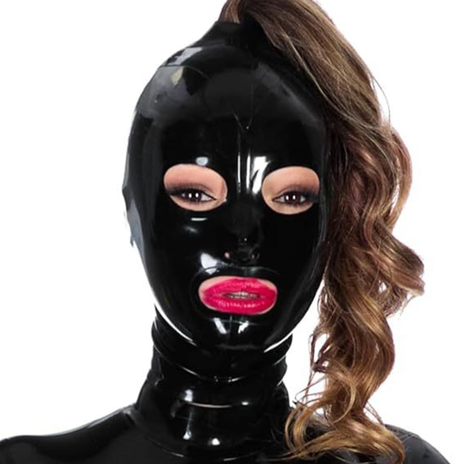 DSPENGS Latex Hood Mask Unisex Open Eyes Mouth Rubber Head Mask Party Decoration Handmade for BDSM Cosplay Clubwear(Size:S-63CM)