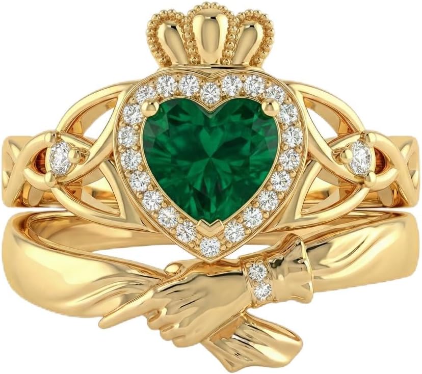 10K/14K/18K Gold Claddagh Heart Rings Set for Women,Heart-Shaped Gemstone Birthstone Rings Set Valentine's Day Engagement Wedding Jewelry for Her