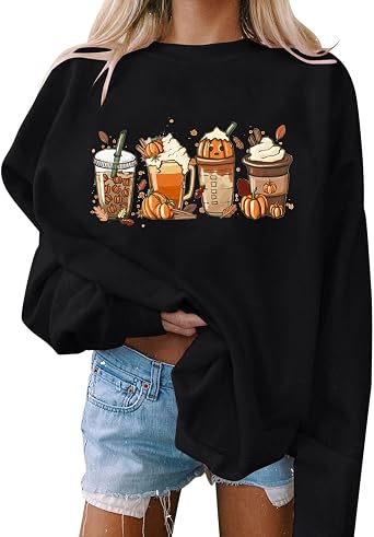 Thanksgiving Sweatshirt Women Pumpkin Coffee Graphic Sweatshirts Cute Halloween Shirts Fall Crewneck Sweatshirt