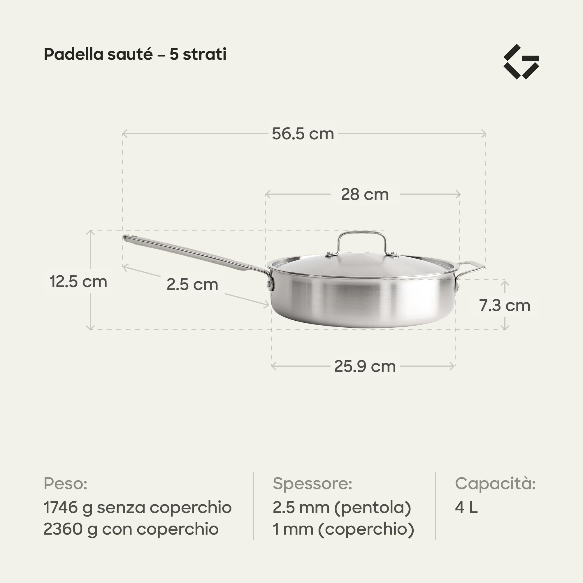 Gastrotools Padella Inox 28 cm 5-Ply con Coperchio Senza PFAS | Senza rivestimento | Manico CoolGrip | Padella da frittura & universale | Per induzione | Distribuzione uniforme del calore