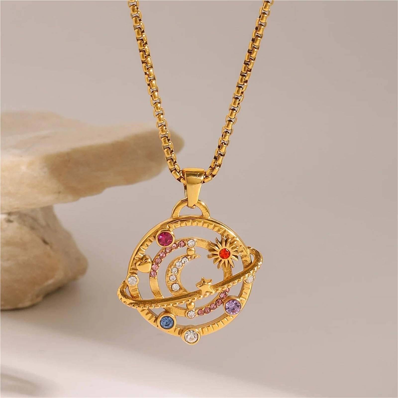 Collana con ciondolo a forma di stella e luna colorata in acciaio inossidabile for donna, ciondolo alla moda, 1 pezzo