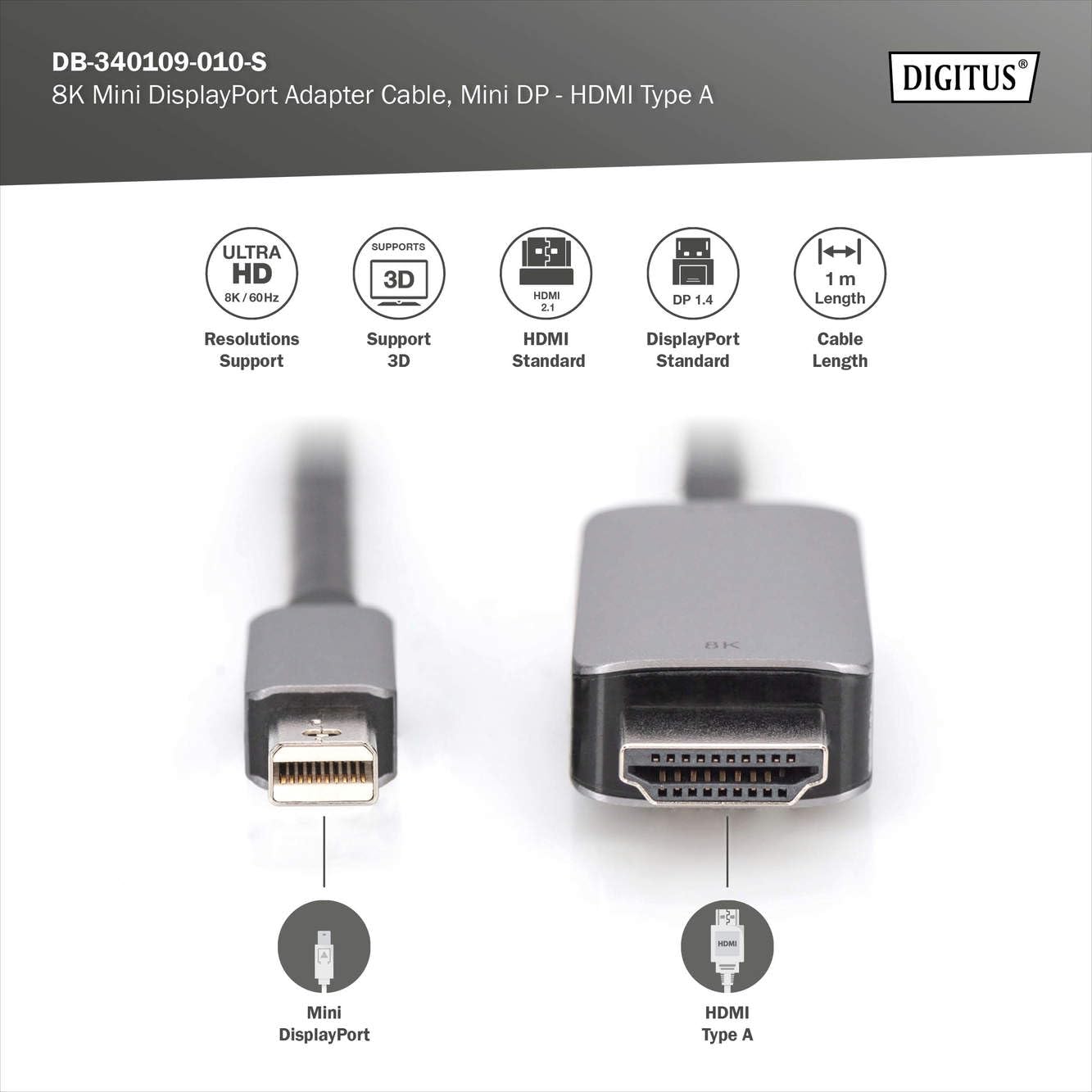 DIGITUS DisplayPort/Mini DisplayPort Connection Cable DisplayPort Male Mini DisplayPort Male