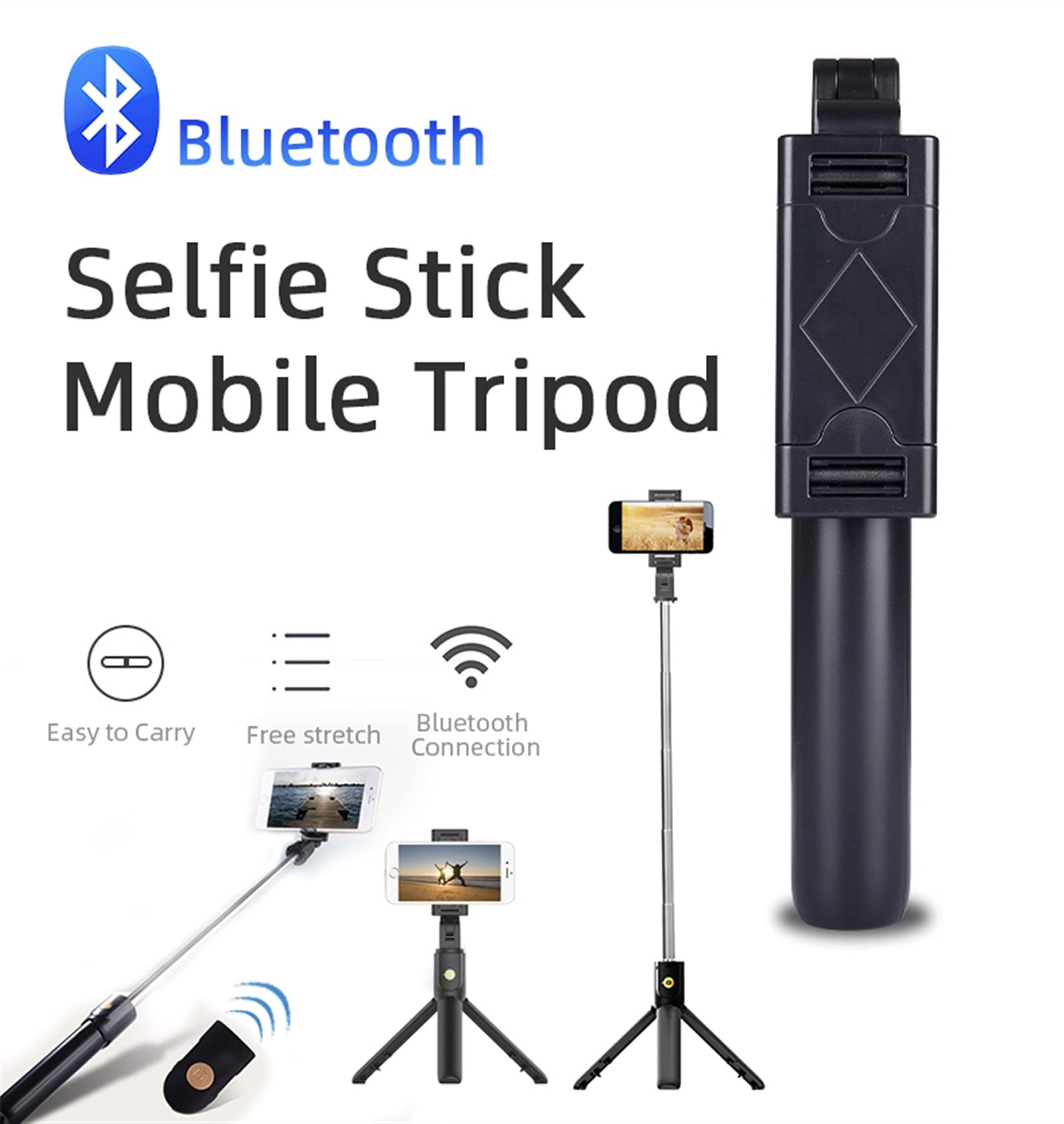 SCRUBY Bastone per selfie wireless Bluetooth, pieghevole, mini treppiede per otturatore, telecomando per selfie portatile, supporto per telefono (nero)