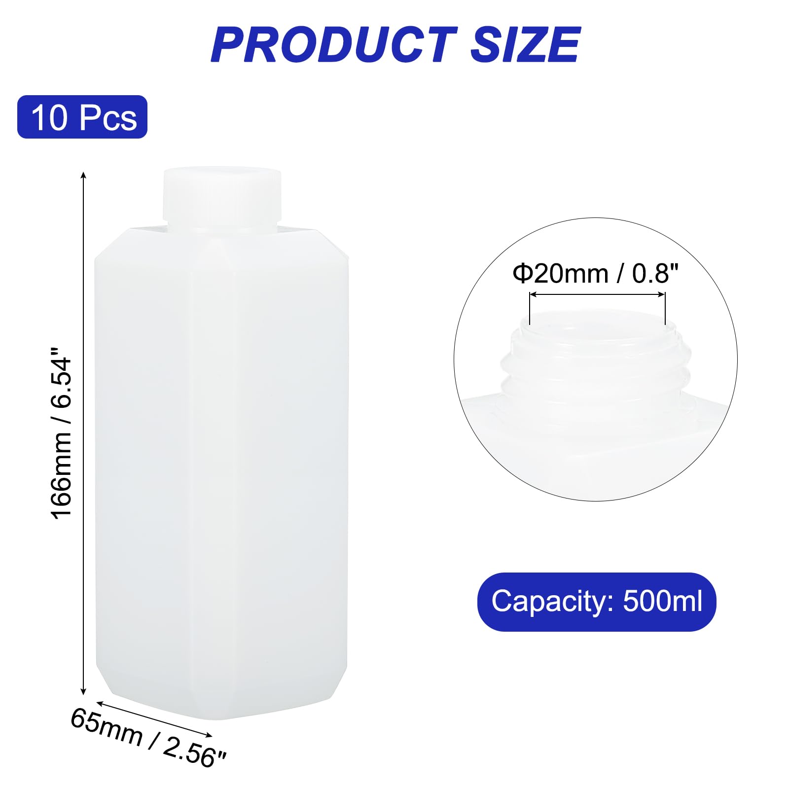 PATIKIL Reagenzflaschen 10 Stück 500ml HDPE Schmalhals Quadratische Probenlagerungsbehälter Mit Innenringdeckel