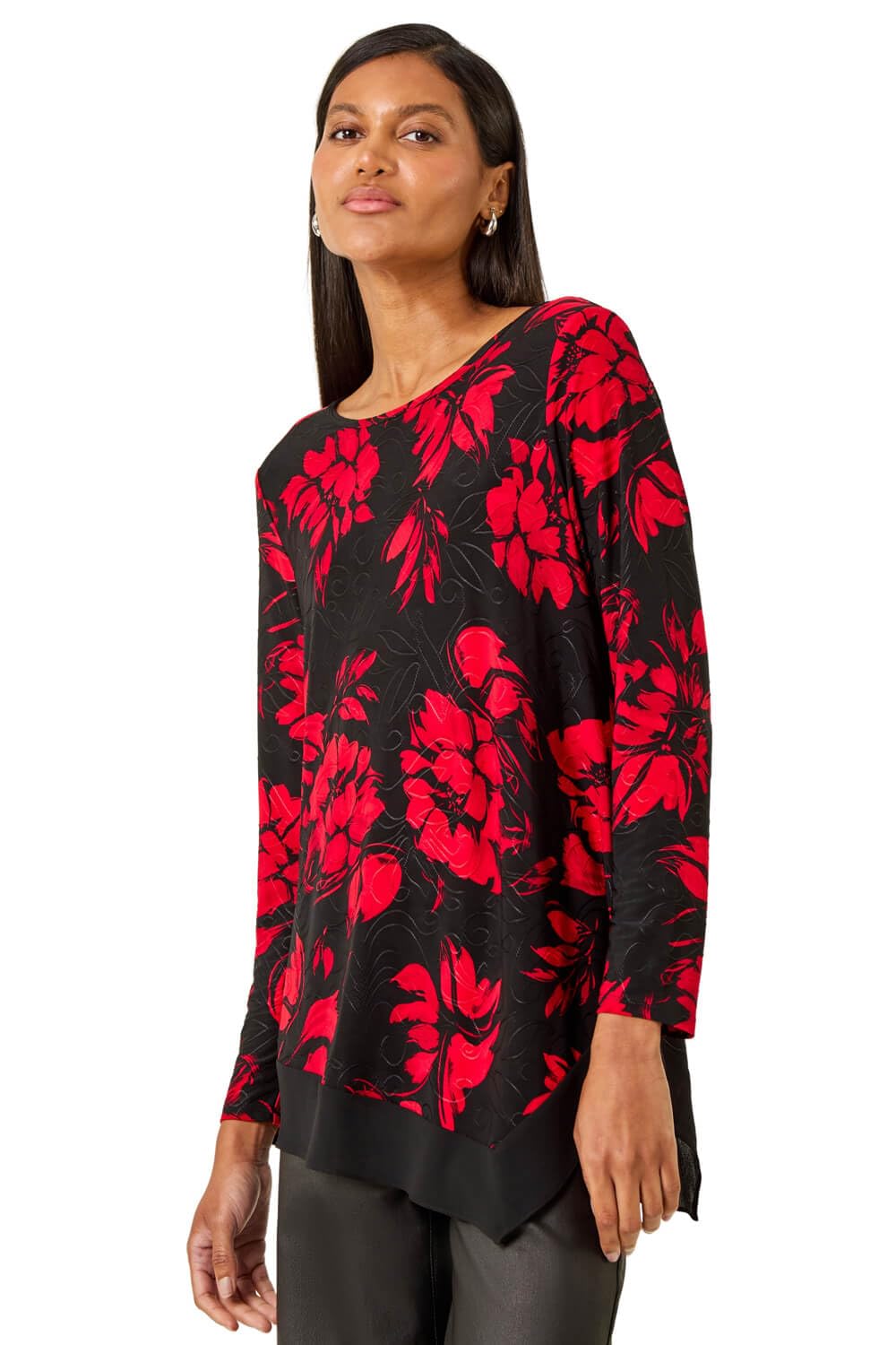 Roman Originals Women's Red Noir Chiffon Hem Top For Uk - Asymmetric Hemline Stretchy Blouse Summer Spring Evening Vacation Work Holiday Short & Long Sleeve Smart Casual - Size 14