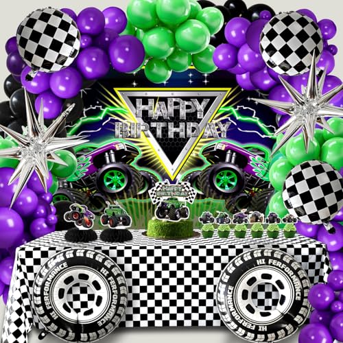 Monster Truck Birthday Party Decorations Racing Balloon Arch kit Large Wheel Checkered Balloon Honeycomb Centerpieces Backdrop Tablecloth Cake Topper