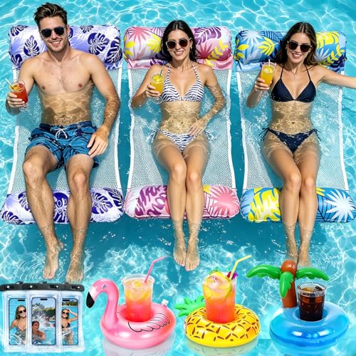 Amaza Colchoneta Hinchable Alfombrillas de Malla, 3 Piezas Hamaca Hinchable Piscina Hamaca Flotador Piscina con Hinchable Porta Bebidas y Funda Impermeable Móvil y Bomba de Aire para Piscina Playa