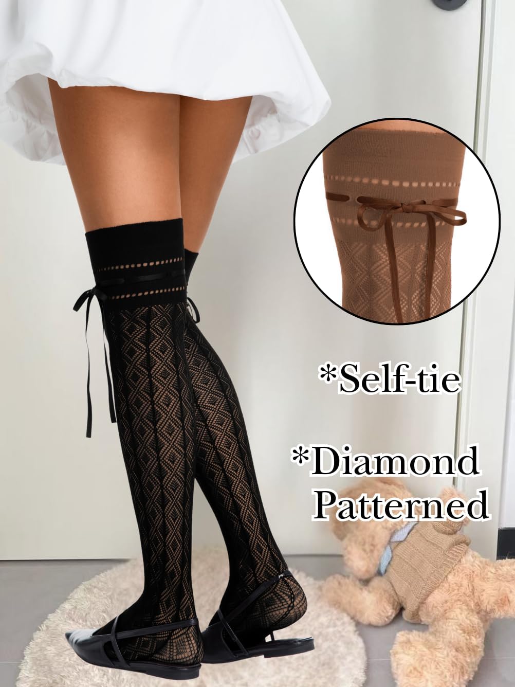 Diamond Tights With Bows,Goth Patterned Fishnet Stockings For Women,Cute Lace Knee High Socks - Image 3
