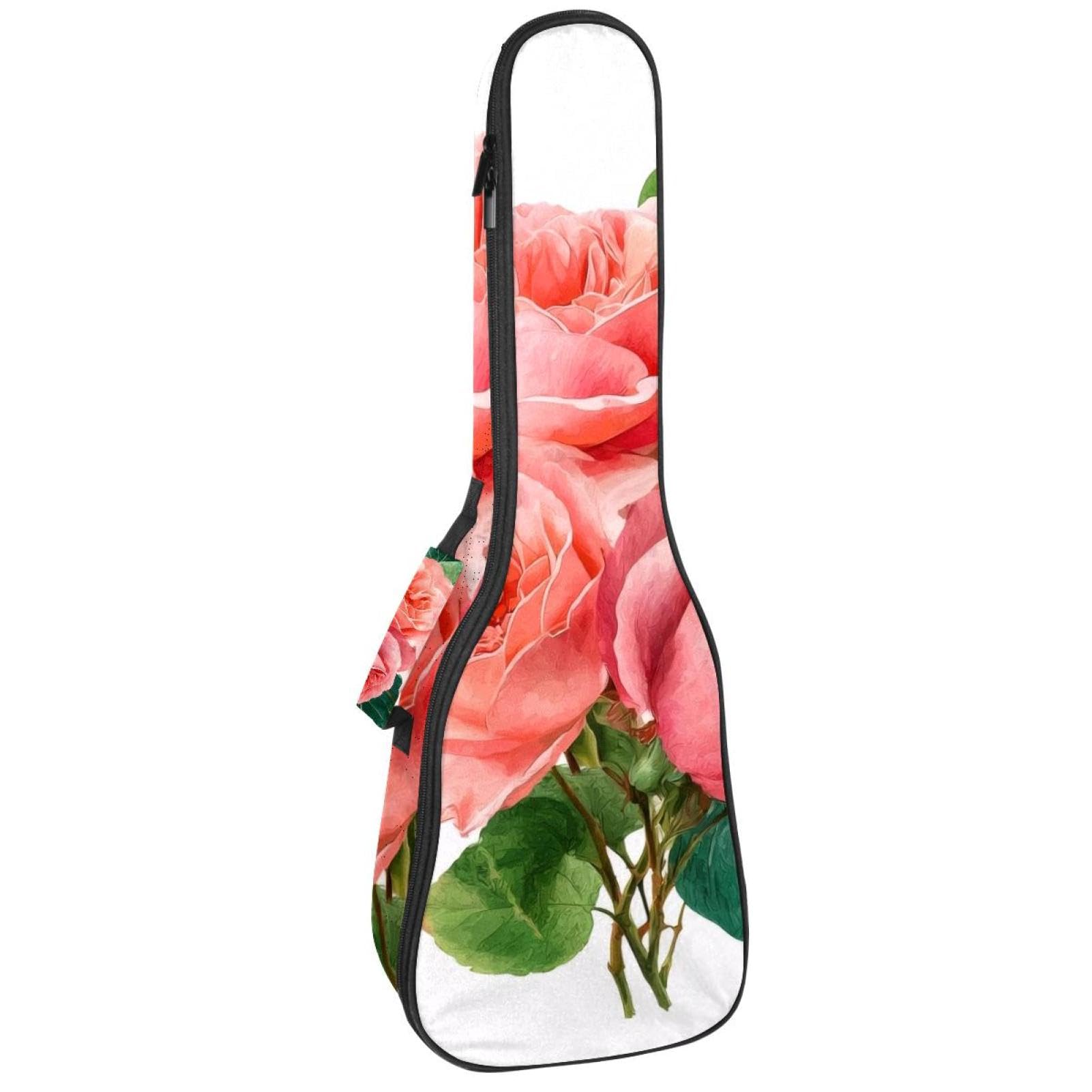Watercolor Pink Rose Flowers with Tropical Leaves Ukulele Case, Padded Bag for 23 Inch Concert Ukulele, Waterproof & Durable