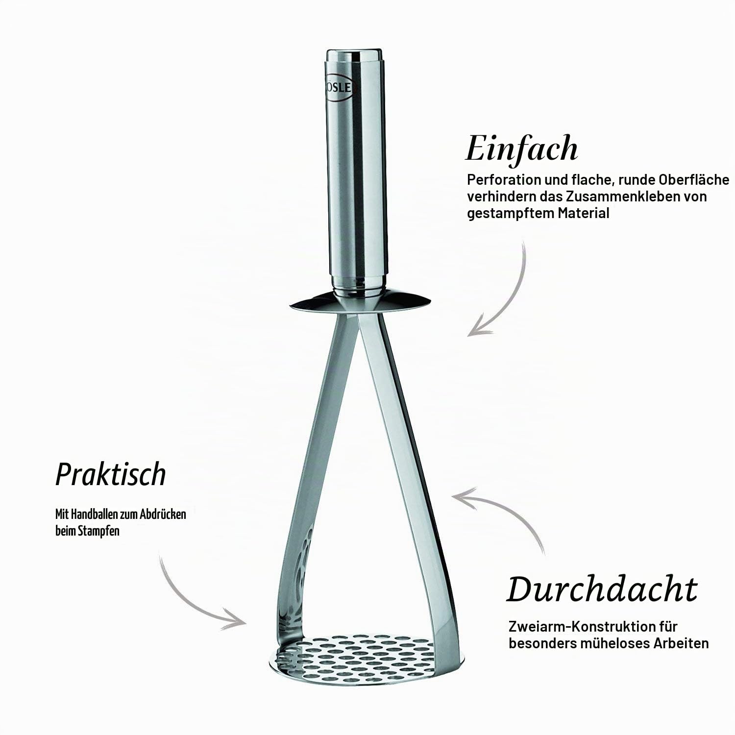 RÖSLE Kartoffelstampfer, Hochwertiger Stampfer für Kartoffeln und Knollen-Gemüse, Edelstahl 18/10, Grau & Schneebesen, hochwertiger Rührbesen mit schmalem Griff, Edelstahl 18/10, Länge 27 cm