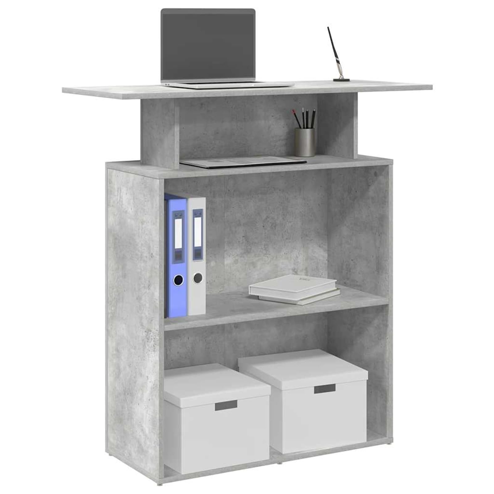 Gecheer Bancone Reception Grigio Cemento, Funzionale con Piano Integrato e Spazio di Archiviazione, 100x40x104 cm, Truciolato, per Uffici Aziendali Hotel Cliniche e Saloni di Bellezza