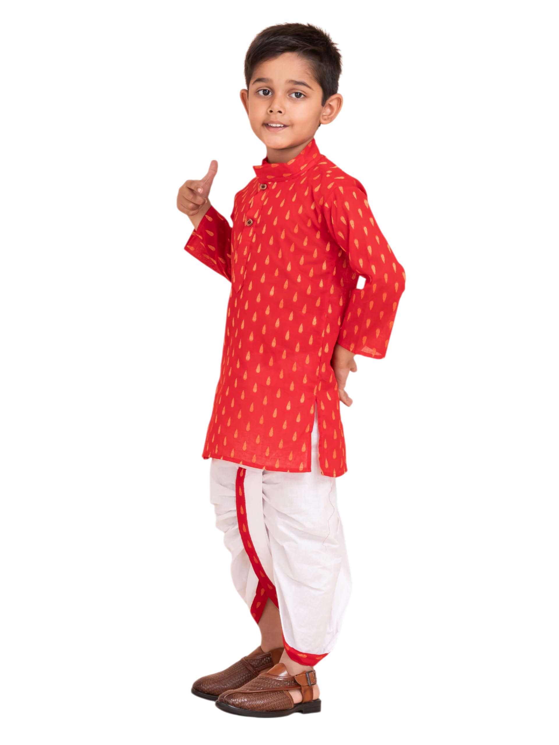 PEKABU Boys Dhoti Kurta Set for Kids - Cotton Kurta and Elastic Waist Dhoti Set - Traditional Dress for Kids (Red, 5-6 Years) - Image 3 thumbnail