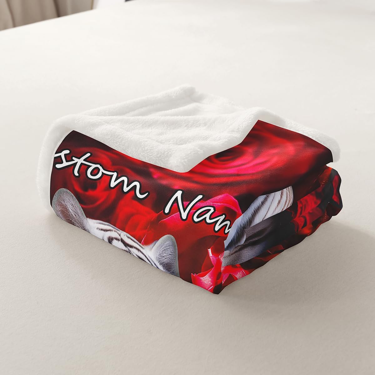 Customizable White Tiger Throw Blanket Red Rose Flower Fleece Blanket for Boys Girls,African Safari Animals Blanket 40"x50" Big Cat Wild Animal Skin Bed Blanket,Romantic Garden Floral Bedroom Decor