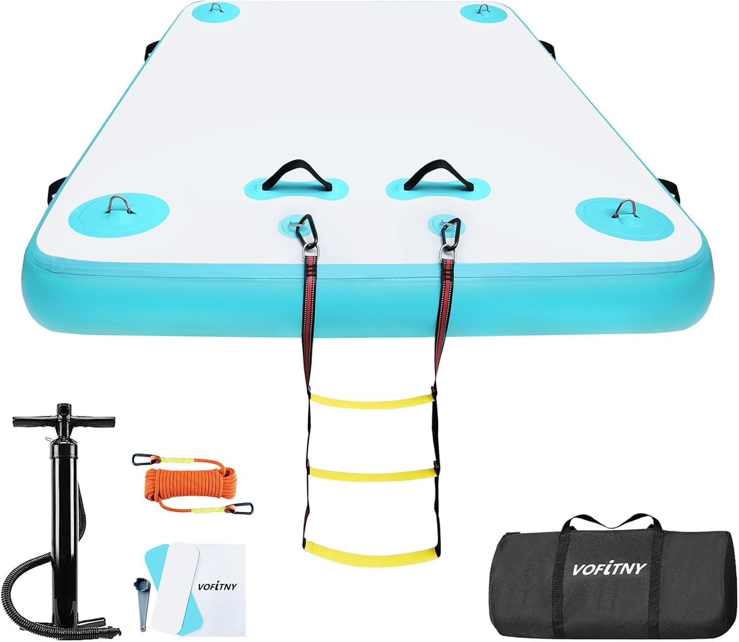 VOFiTNY Inflatable Floating Dock Swim Air Platform Island Raft Mat for Lake Beach Ocean with Rope Ladder, Non-Slip Surface (5ft x 6ft x 6in, Cyan)