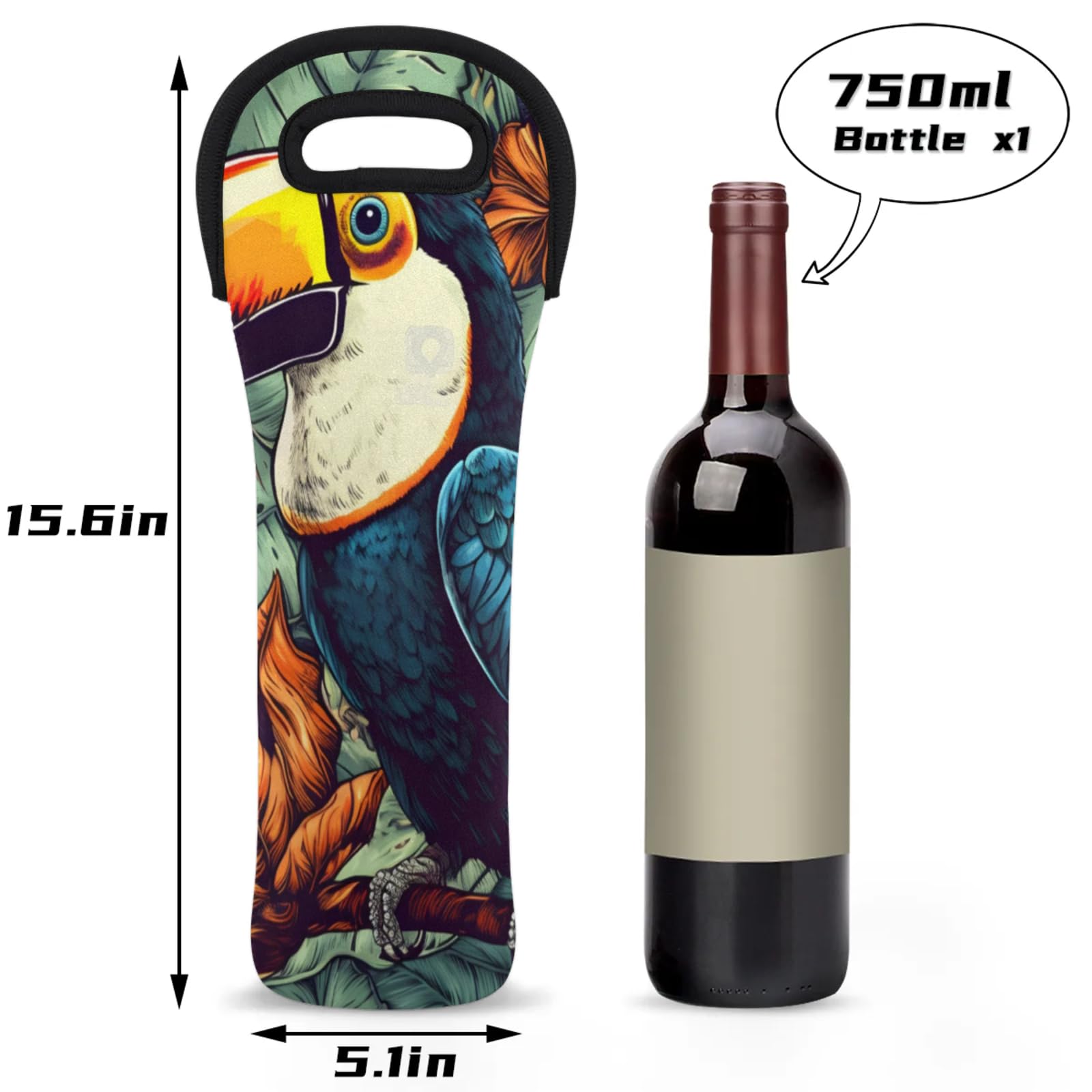 Neoprene Wine Tote Carrier Bag for Wine,Water, Champagne, Beer, Baby Bottles 15.6 x 5.1 Inches, Protective Wine Bag,Toucan
