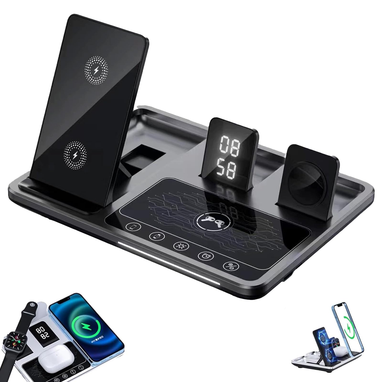 Zureze Station, 4 in 1 Sveglia Wireless Charger Stand, Stazione di Ricarica Liftable per Più Dispositivi, Stazione di Ricarica Wireless Universale 4 Pollici Accelera la Ricarica del Dispositivo