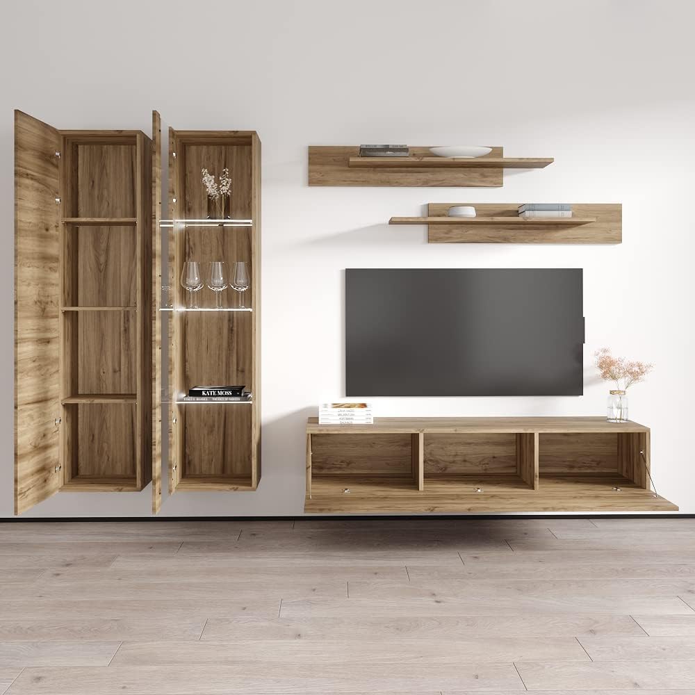 Meble Furniture Fly A4 30TV Stand Wall-Mounted Entertainment Center — Floating Design with Storage Shelves and 16-Color LED Lighting — High Gloss Matte Finish, 59.1 x 15.7 x 19.7 inches — Oak